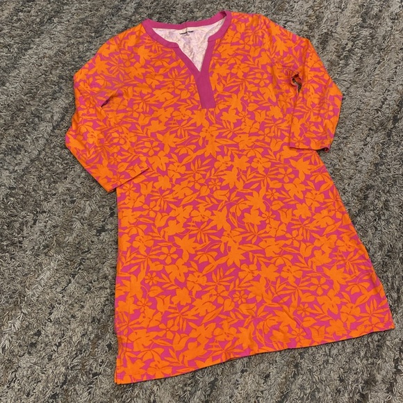 Lands' End Dresses & Skirts - Lands' End Pink orange leaf tropical print 3/4 sleeve notch neck dress sz medium